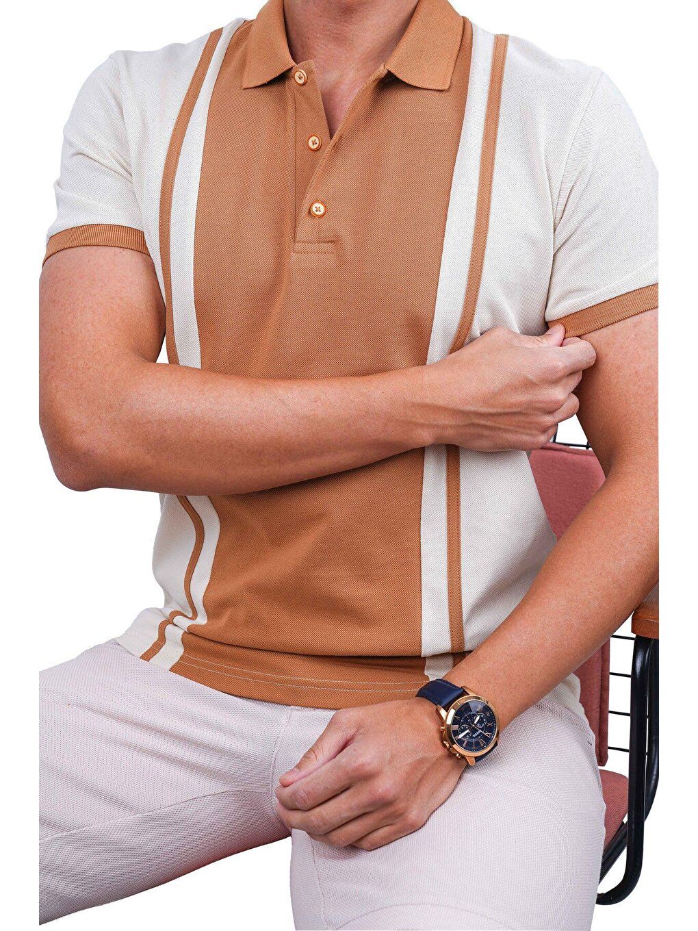 Kahverengi Bej Taba Çift Renkli Erkek Polo Yaka Tişört-4