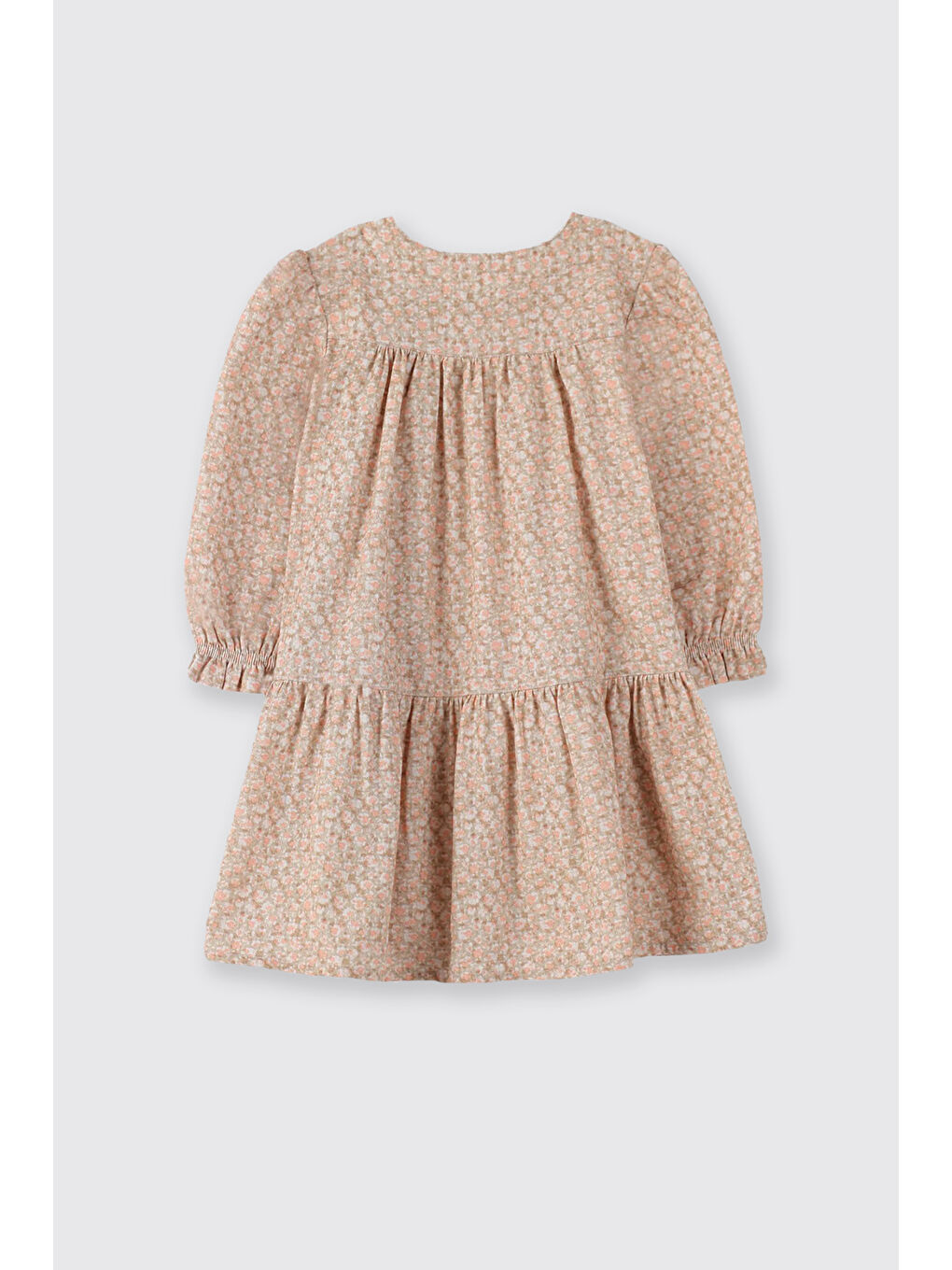 Kız Bebek Beli Lastikli Nakış Detaylı Çiçek Desenli Bej Elbise-1
