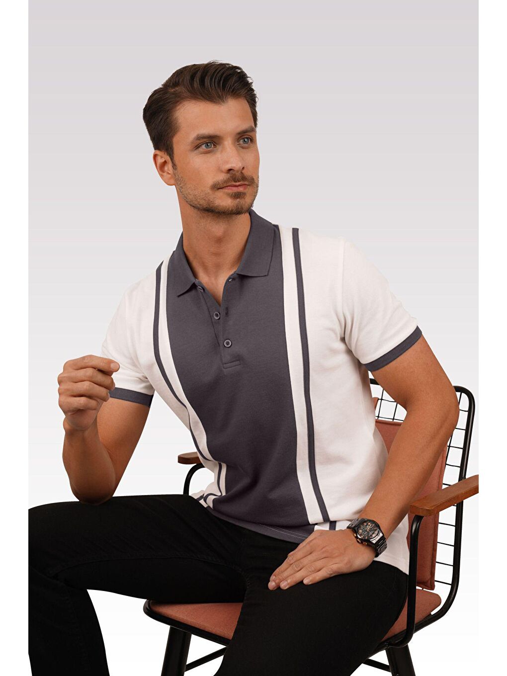 Beyaz Füme Çift Renkli Erkek Polo Yaka Tişört-1