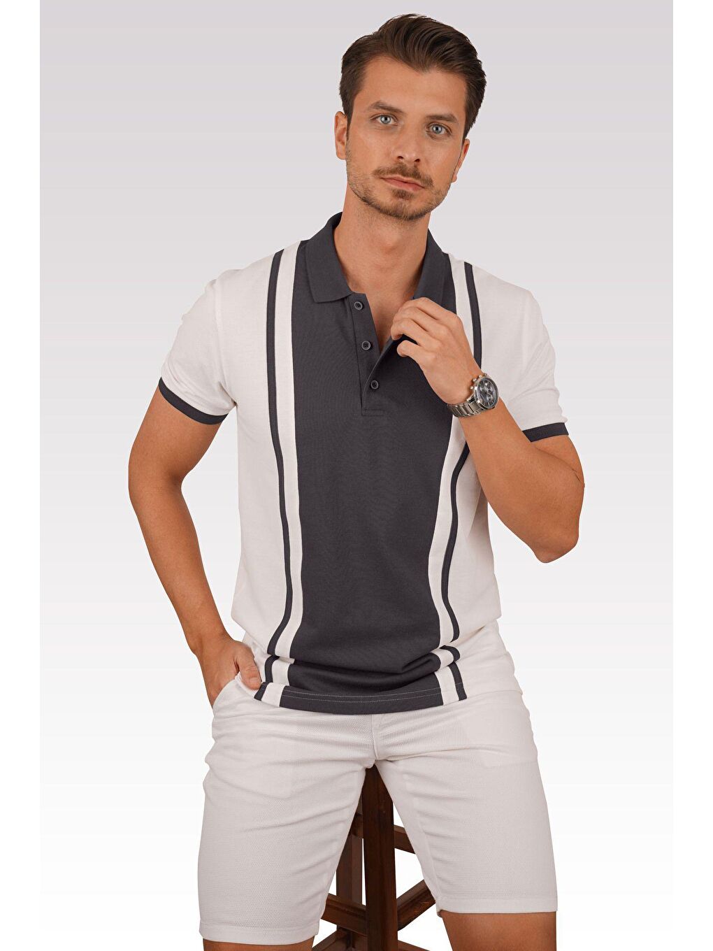 Beyaz Füme Çift Renkli Erkek Polo Yaka Tişört-2