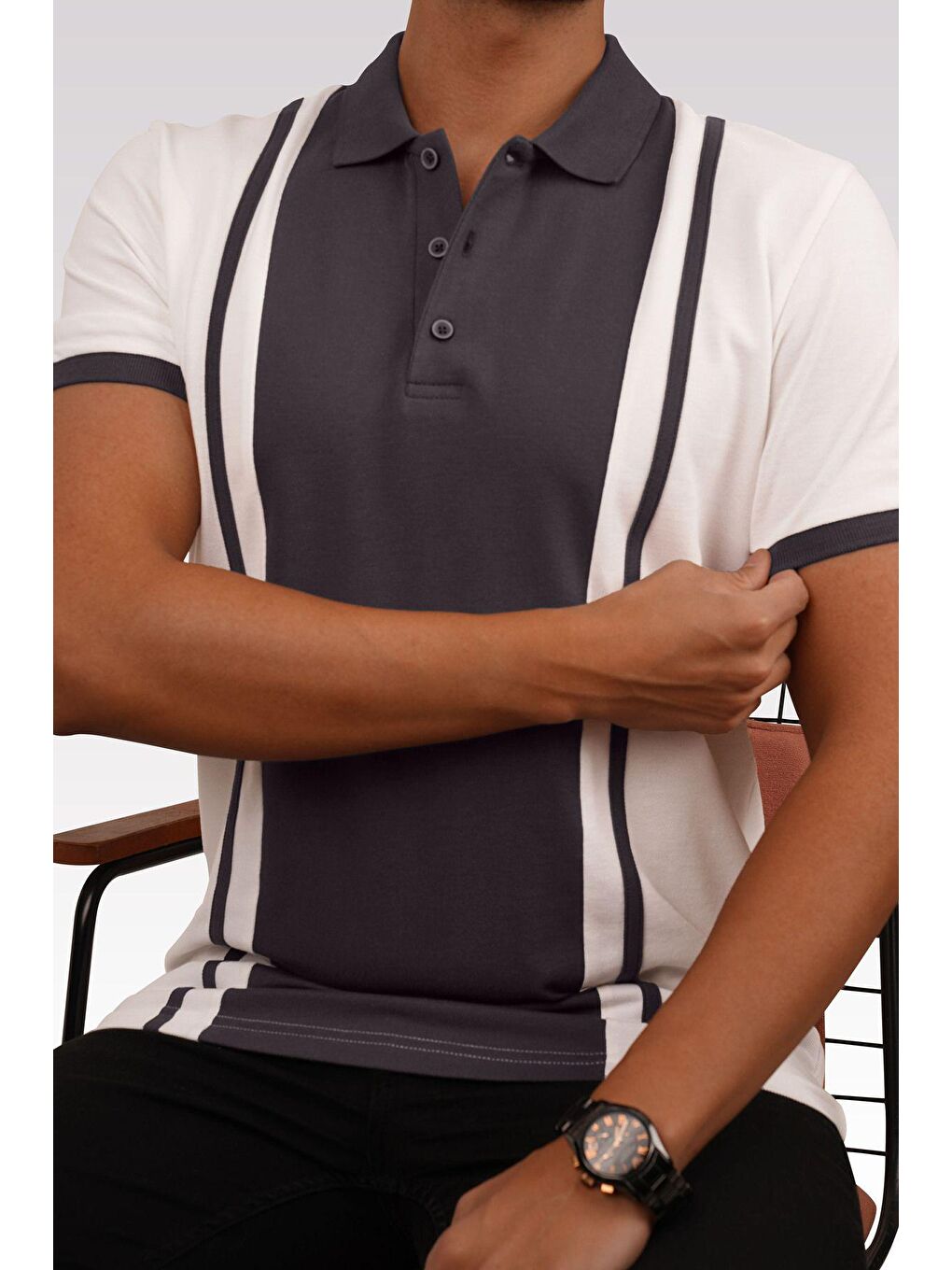 Beyaz Füme Çift Renkli Erkek Polo Yaka Tişört-4