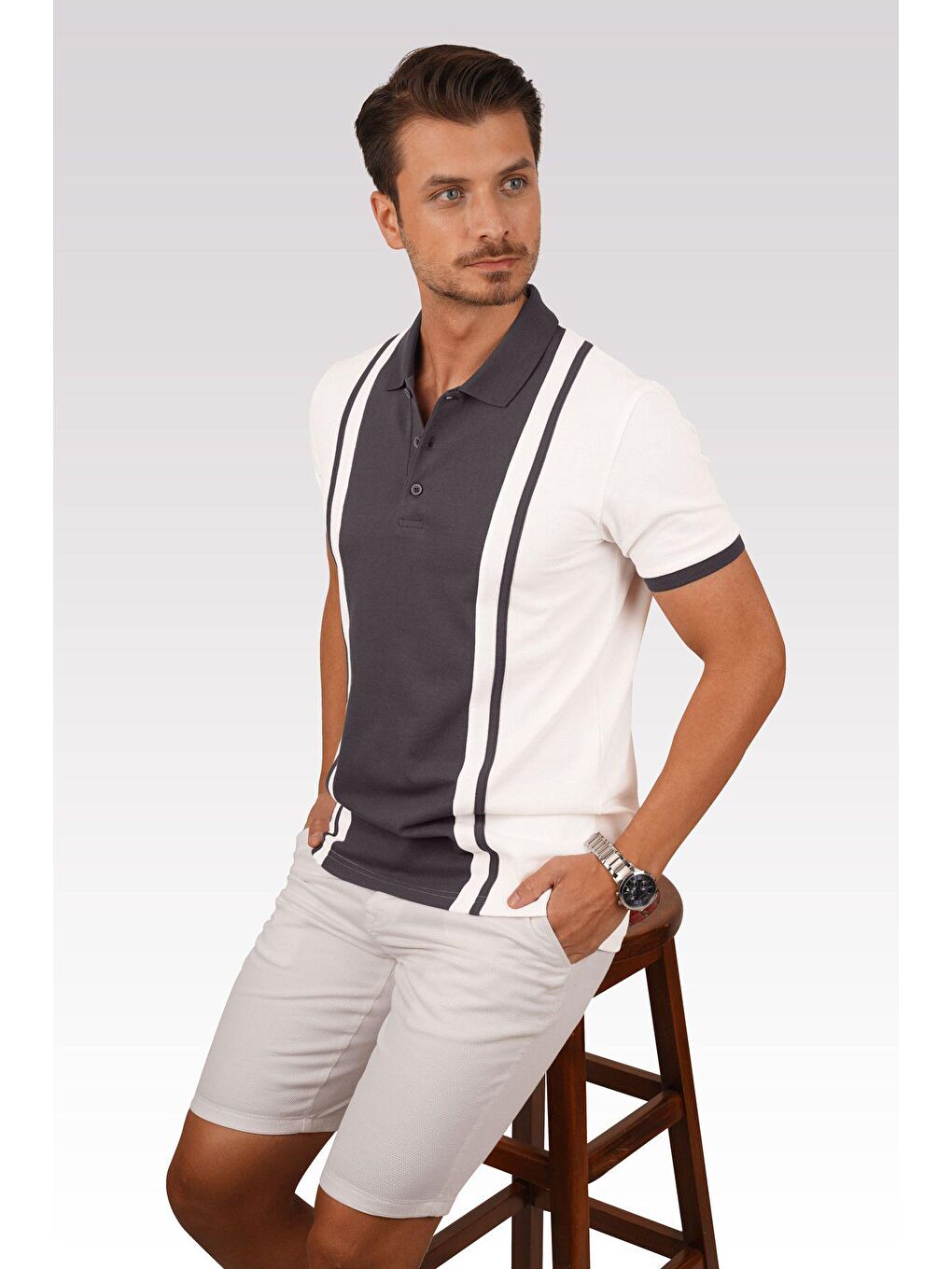 Beyaz Füme Çift Renkli Erkek Polo Yaka Tişört-5