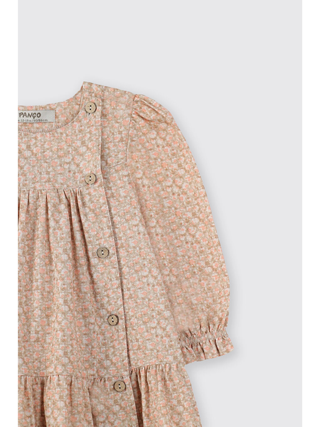 Kız Bebek Beli Lastikli Nakış Detaylı Çiçek Desenli Bej Elbise-2