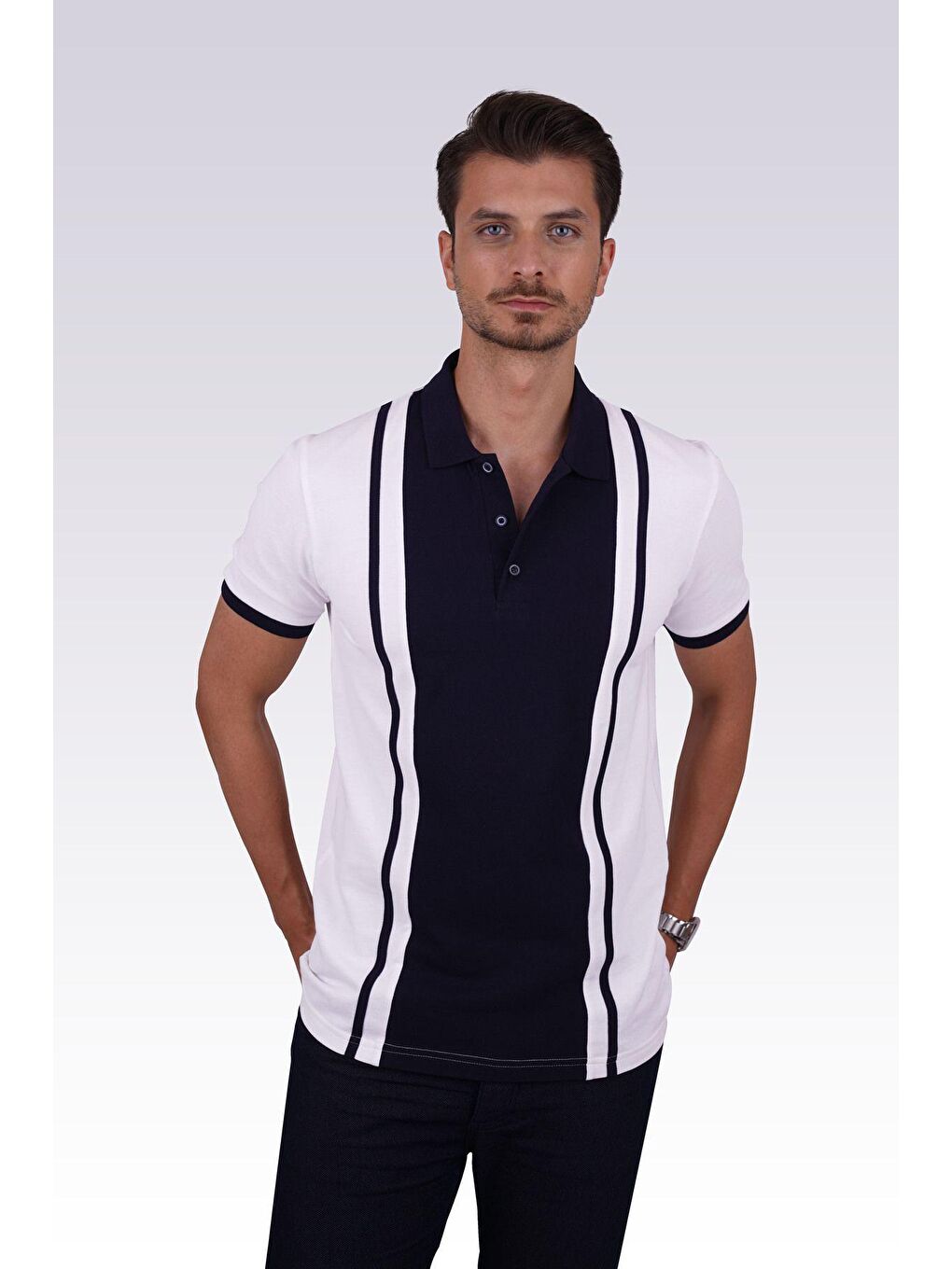 Beyaz Lacivert Çift Renkli Erkek Polo Yaka Tişört-2