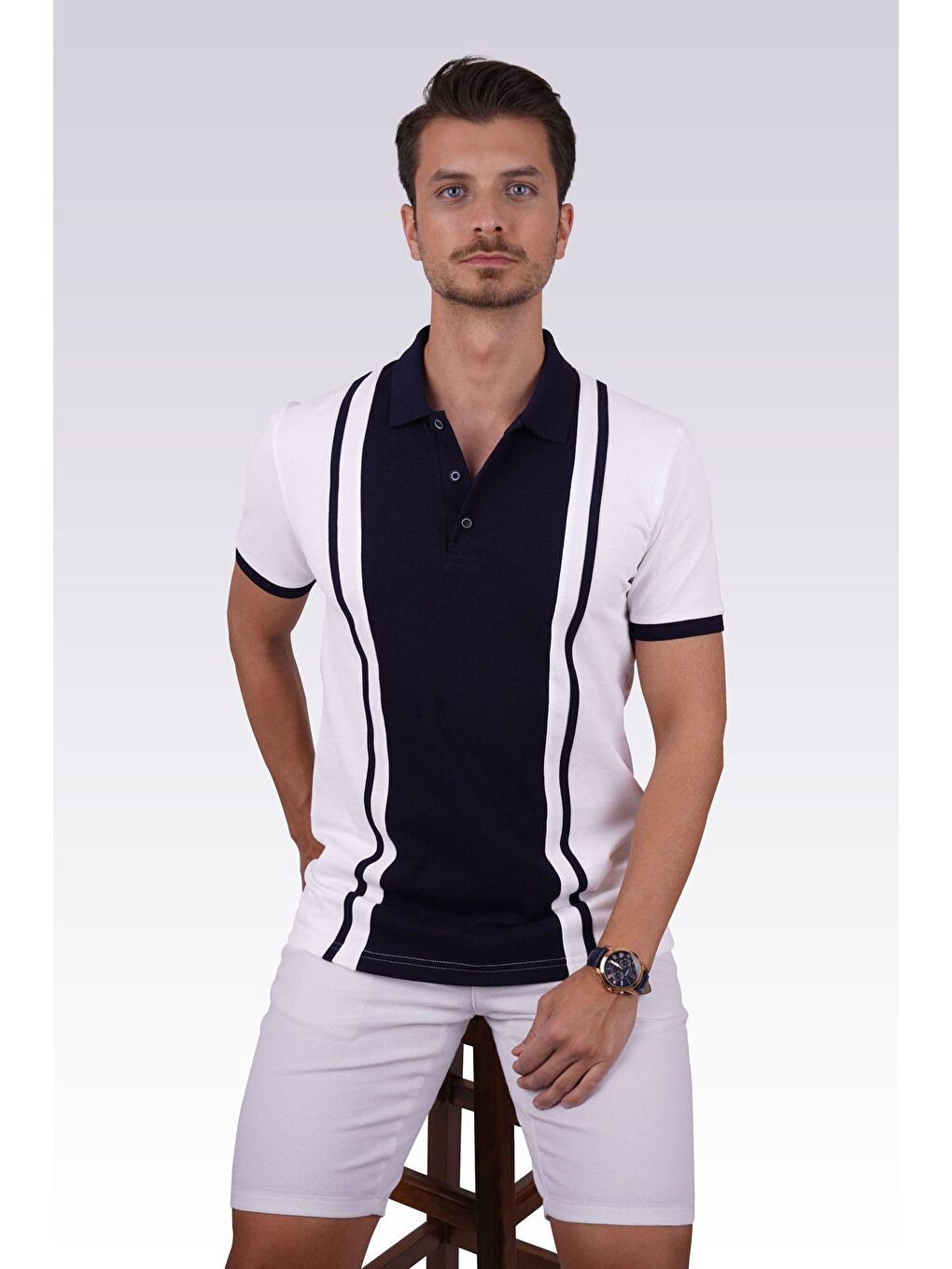 Beyaz Lacivert Çift Renkli Erkek Polo Yaka Tişört-1