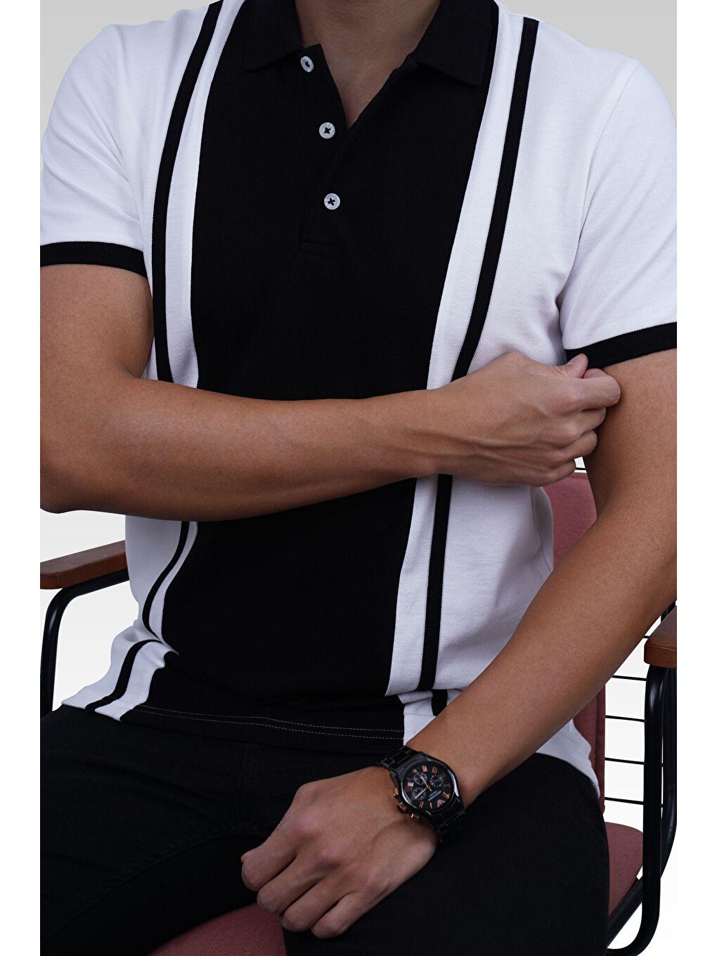 Beyaz Siyah Çift Renkli Erkek Polo Yaka Tişört
