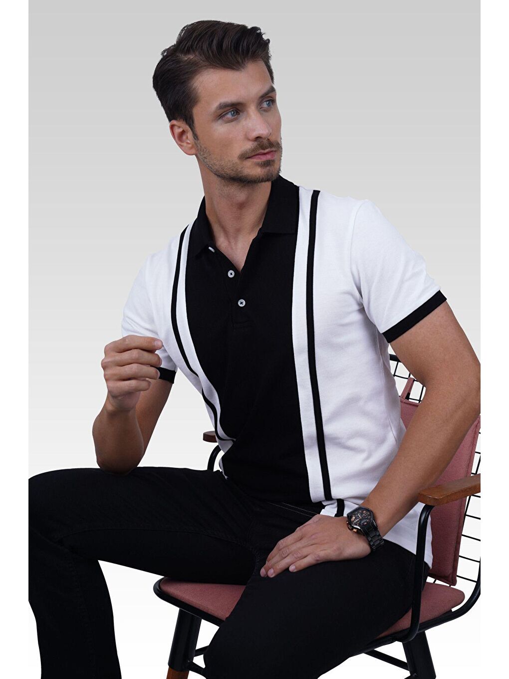 Beyaz Siyah Çift Renkli Erkek Polo Yaka Tişört-1