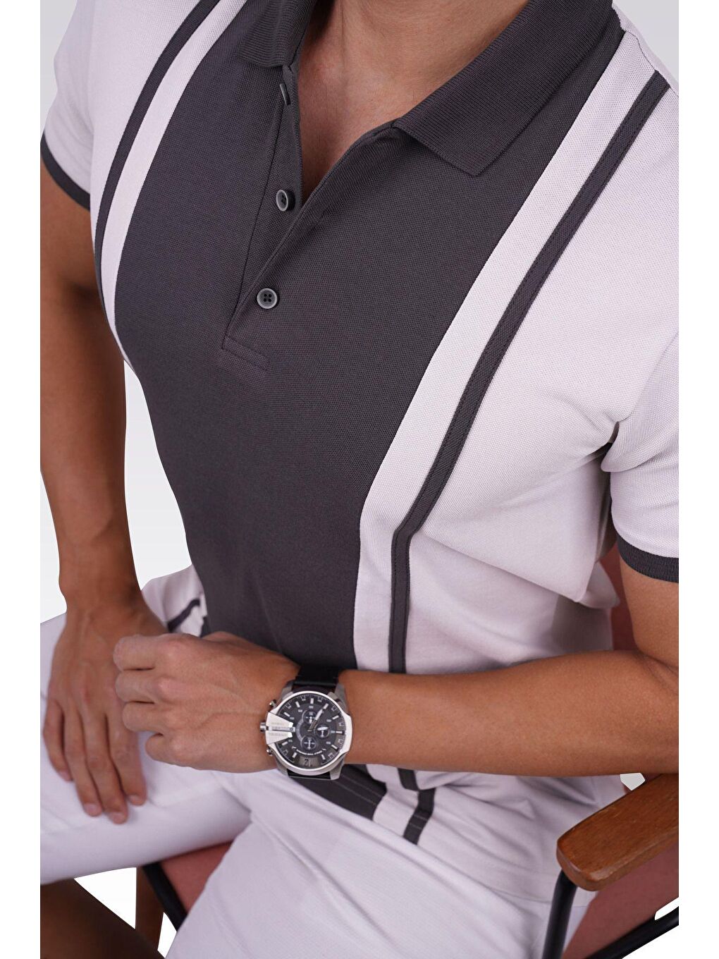 Füme Gri Çift Renkli Erkek Polo Yaka Tişört-1