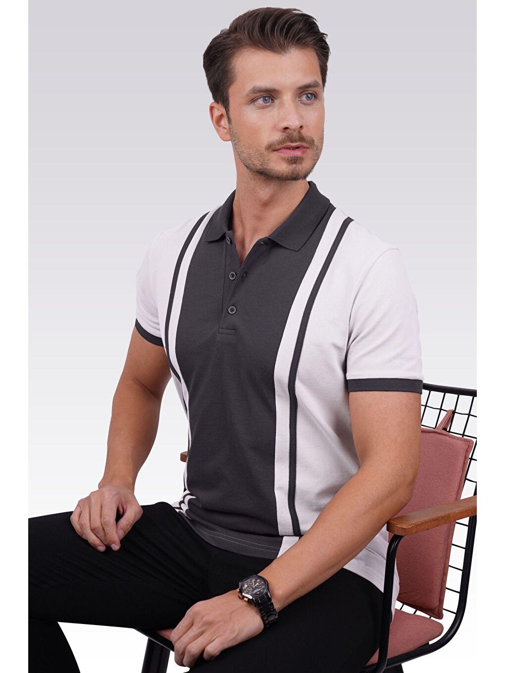 Füme Gri Çift Renkli Erkek Polo Yaka Tişört-2