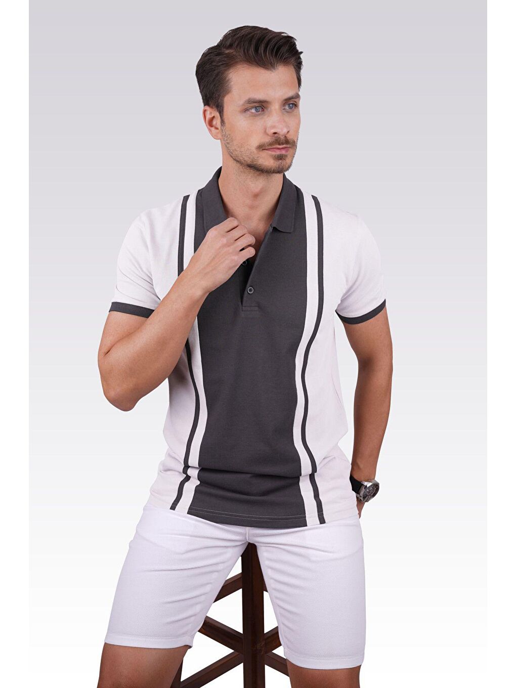 Füme Gri Çift Renkli Erkek Polo Yaka Tişört-5