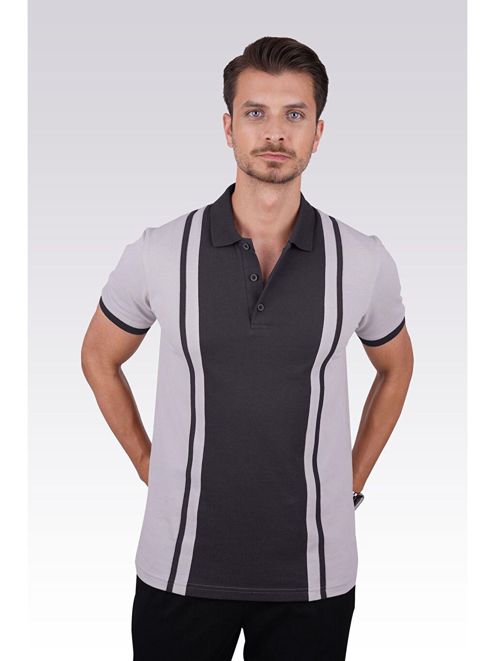 Füme Gri Çift Renkli Erkek Polo Yaka Tişört-6