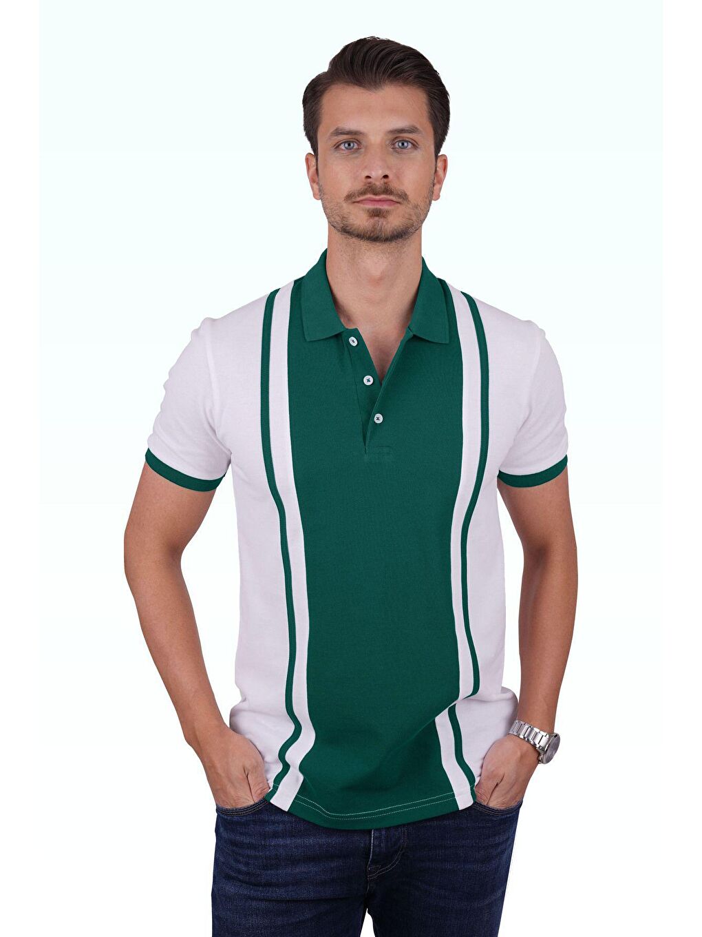 Beyaz Yeşil Çift Renkli Erkek Polo Yaka %100 Pamuk Tişört-1