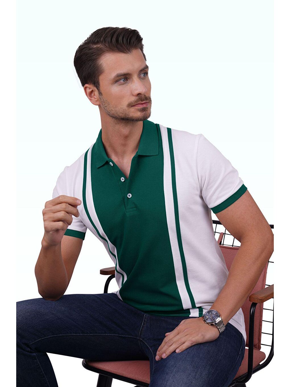Beyaz Yeşil Çift Renkli Erkek Polo Yaka %100 Pamuk Tişört-4