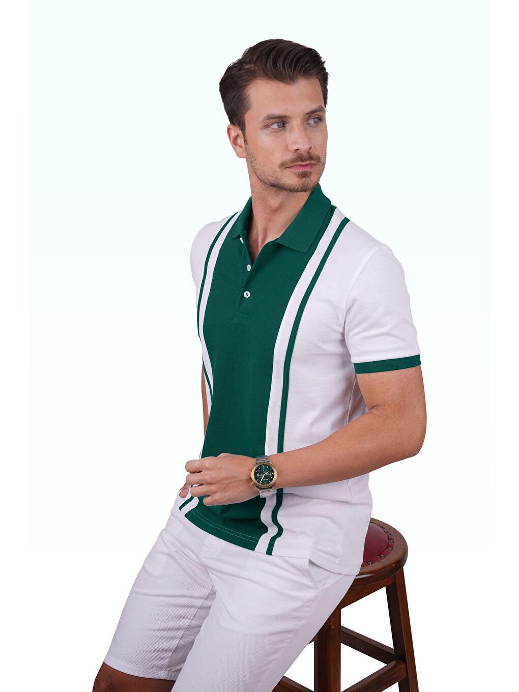 Beyaz Yeşil Çift Renkli Erkek Polo Yaka %100 Pamuk Tişört-5