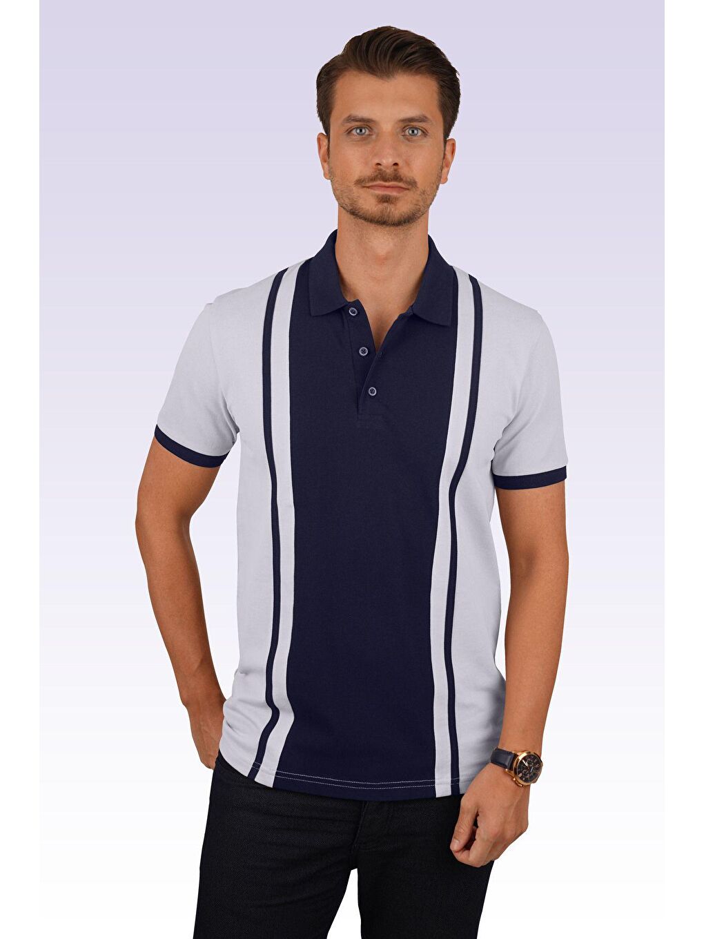 Gri Lacivert Çift Renkli Erkek Polo Yaka Tişört-2
