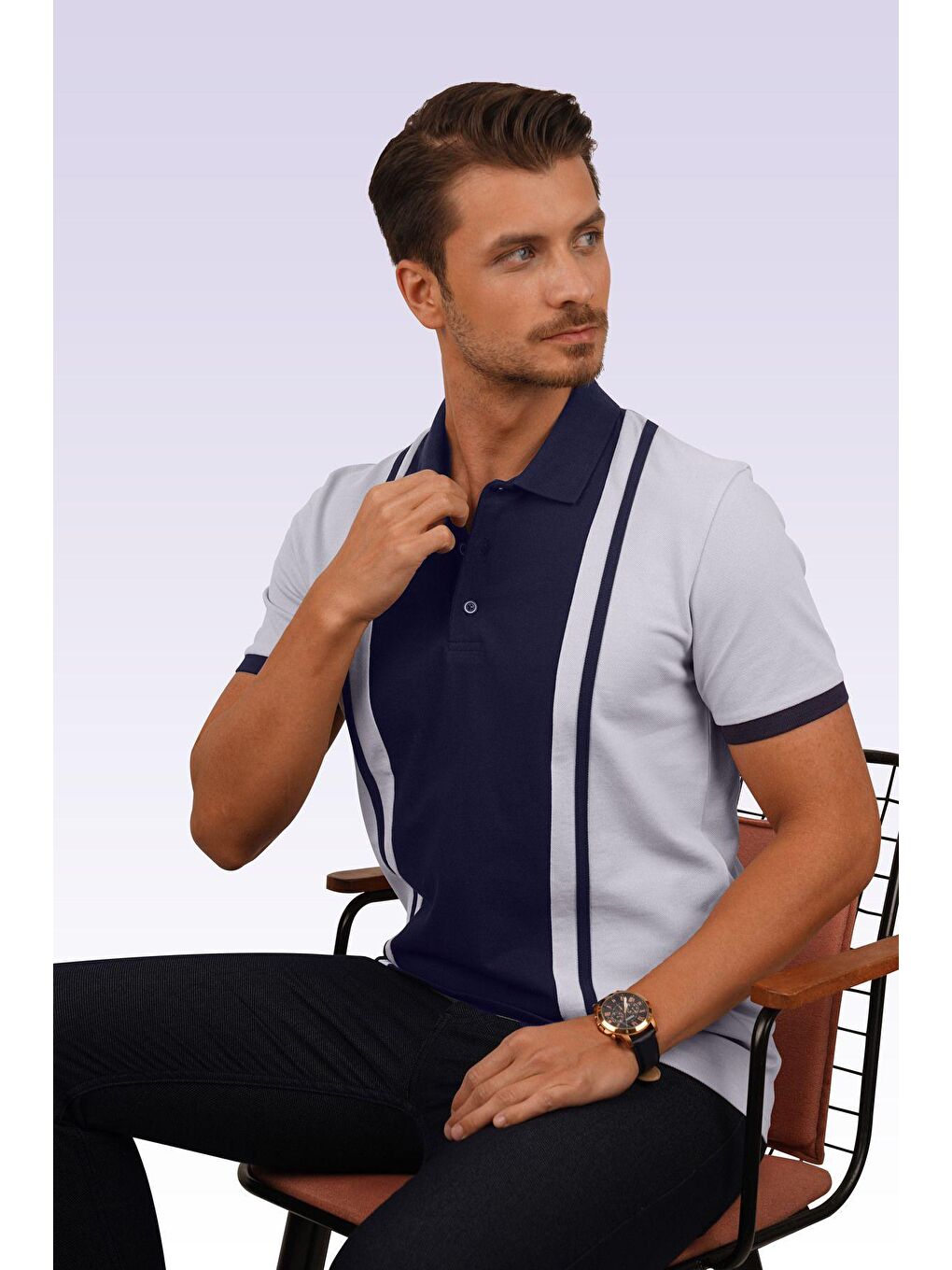 Gri Lacivert Çift Renkli Erkek Polo Yaka Tişört-5