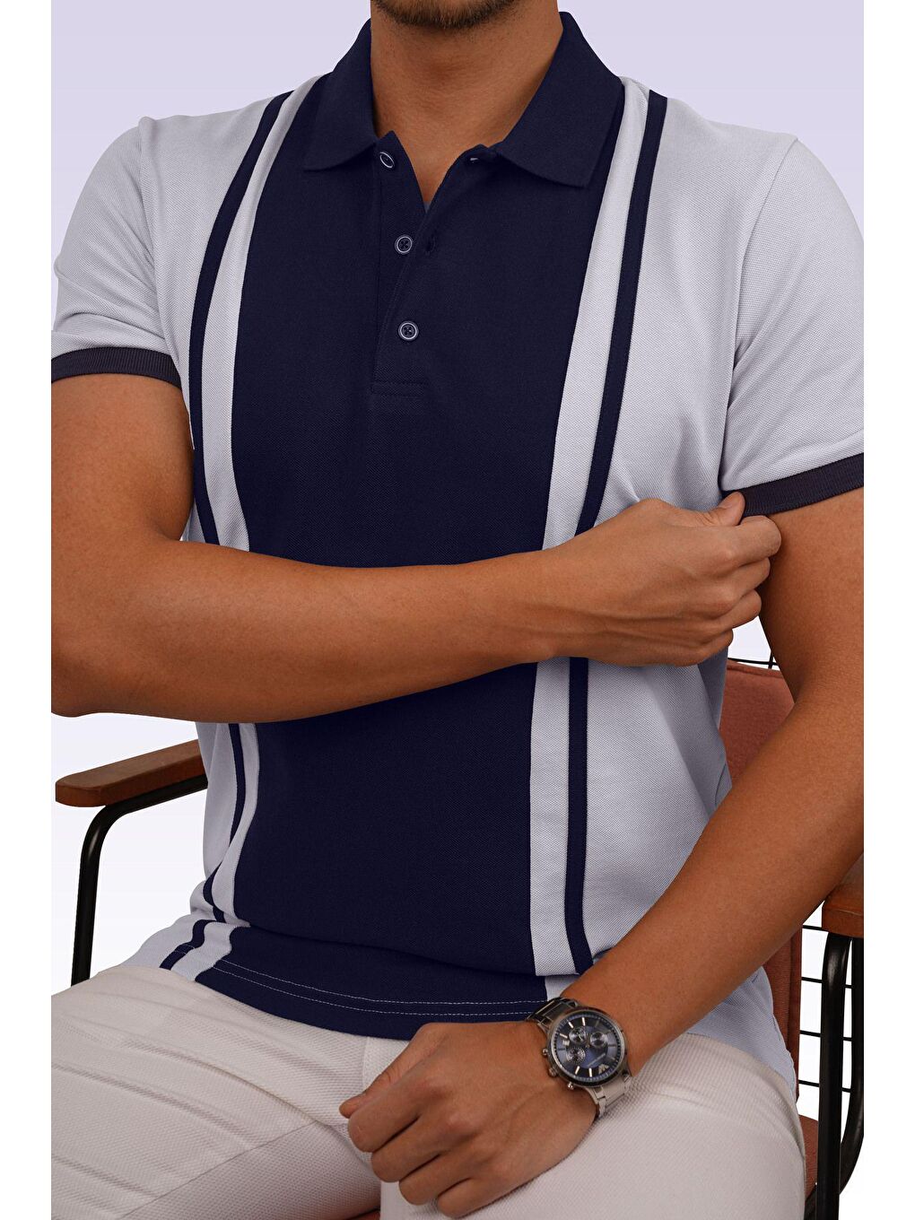 Gri Lacivert Çift Renkli Erkek Polo Yaka Tişört-1