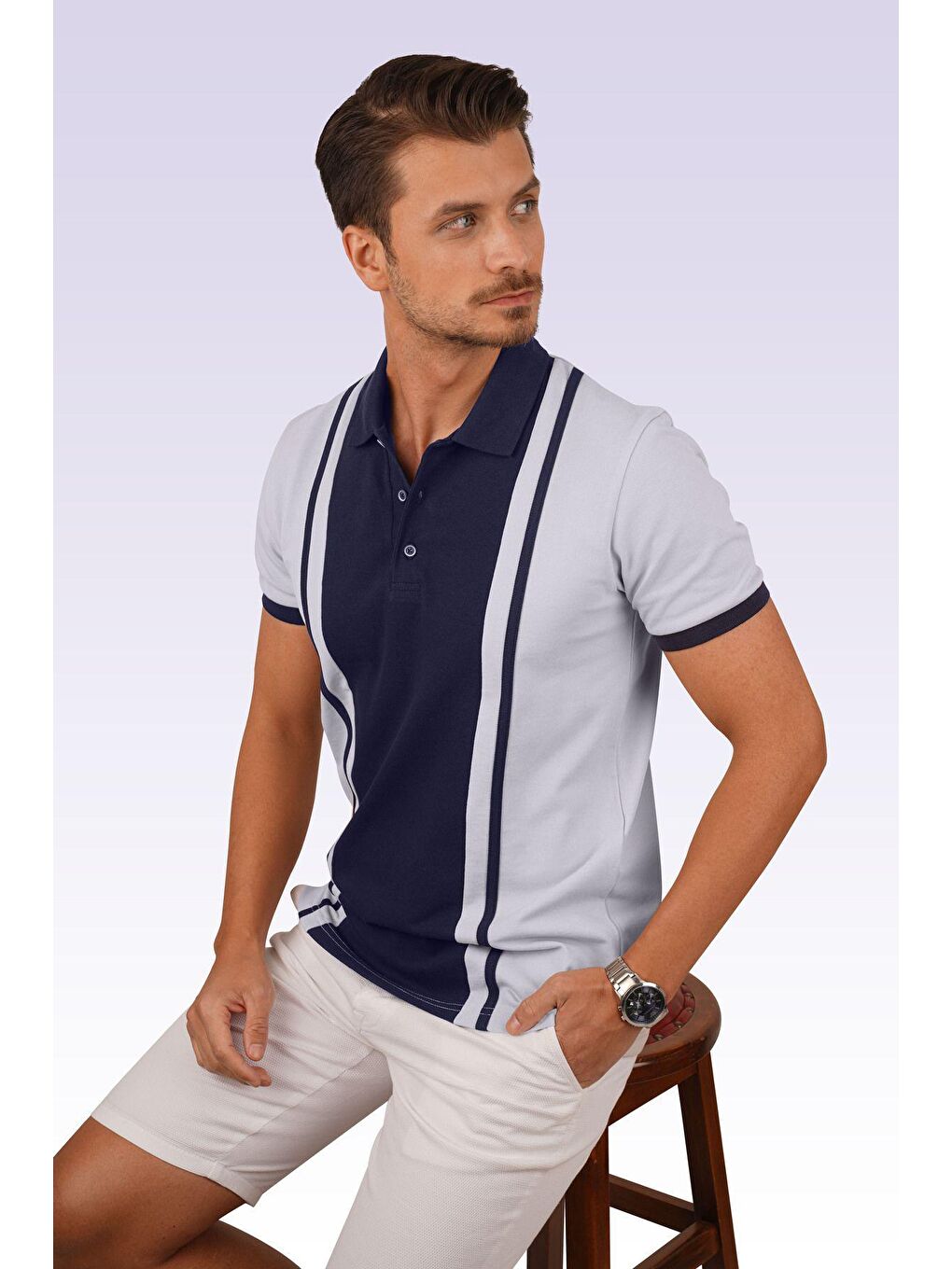 Gri Lacivert Çift Renkli Erkek Polo Yaka Tişört-4