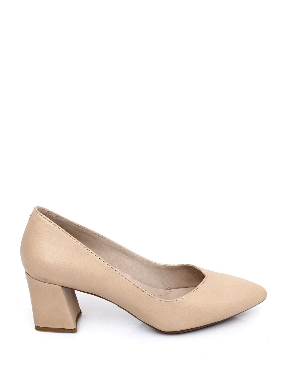 Bej NUDE  Hakiki Deri Sivri Burun Orta Kalın Topuklu Kadın Ayakkabı 24170-3
