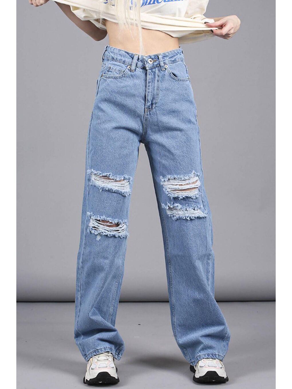 Madmext Mavi Yırtıklı Straight Leg Jean Mg1152