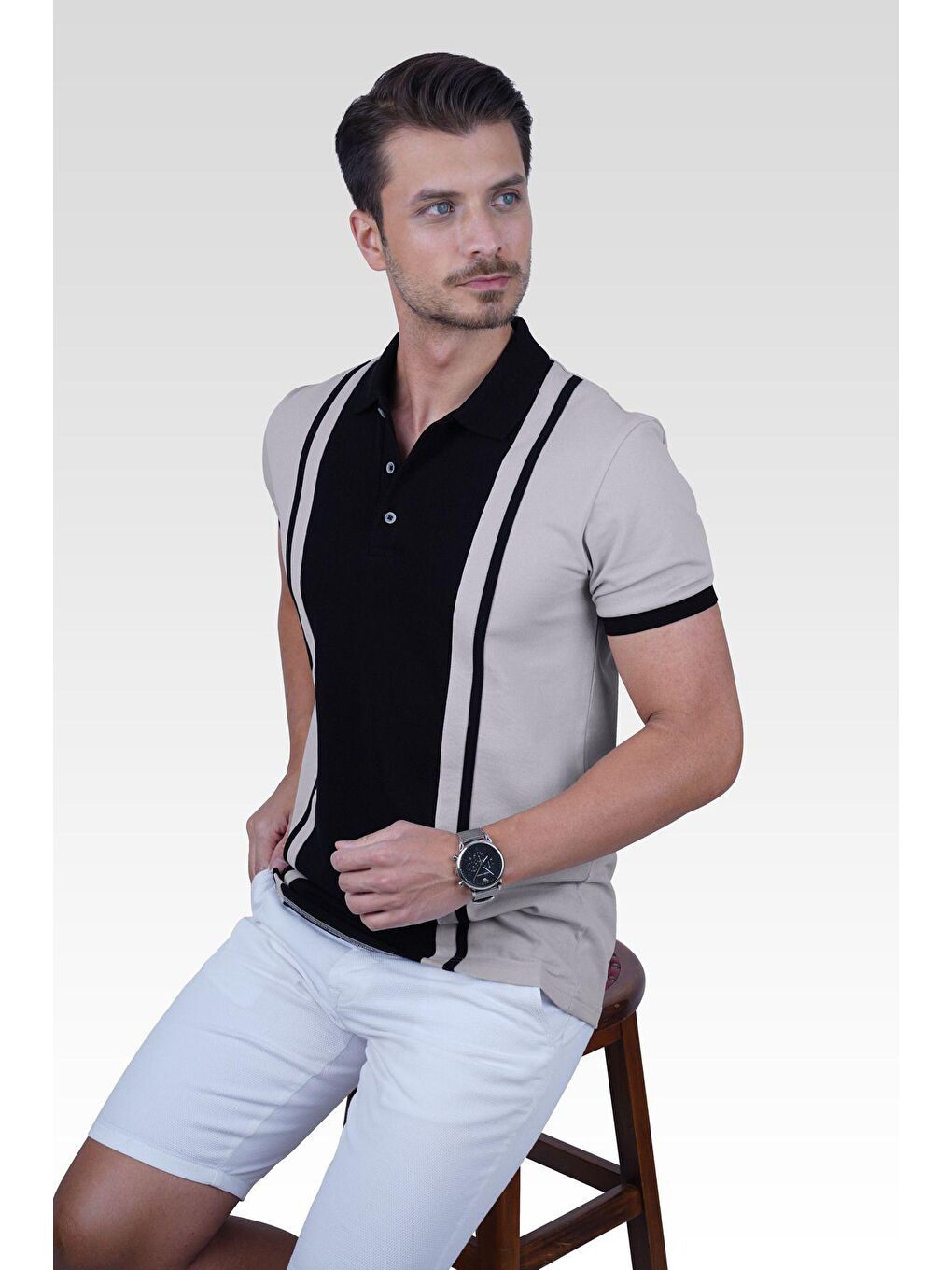 Gri Siyah Çift Renkli Erkek Polo Yaka %100 Pamuk Tişört-4