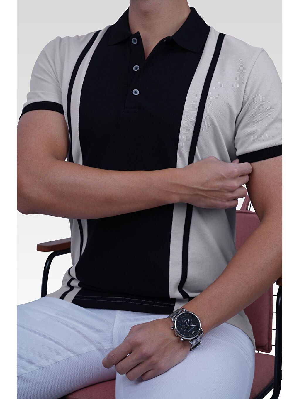Gri Siyah Çift Renkli Erkek Polo Yaka %100 Pamuk Tişört-1