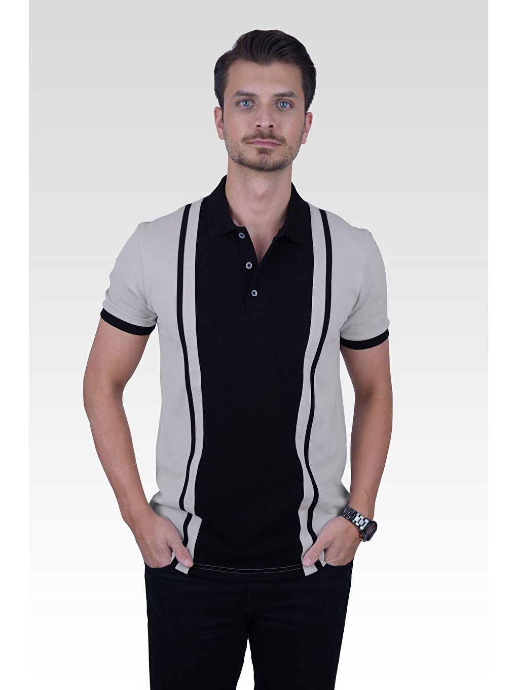 Gri Siyah Çift Renkli Erkek Polo Yaka %100 Pamuk Tişört-2