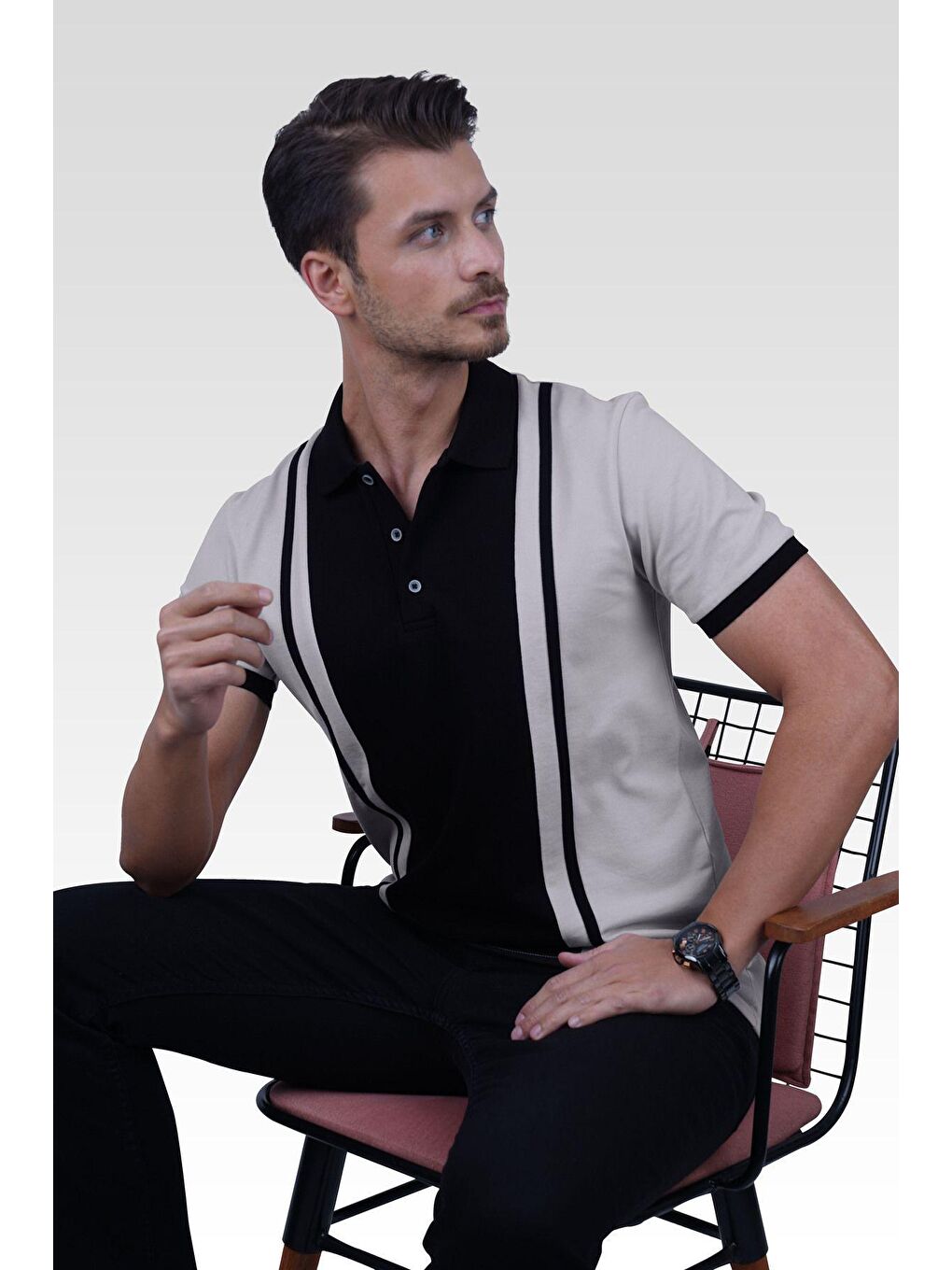 Gri Siyah Çift Renkli Erkek Polo Yaka %100 Pamuk Tişört-5