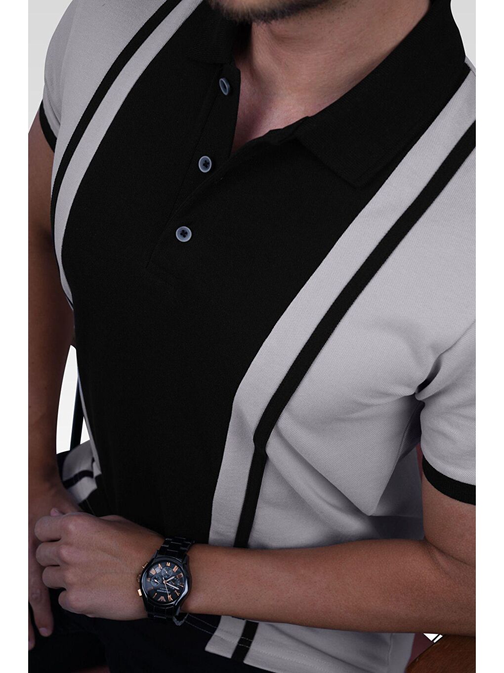 Gri Siyah Çift Renkli Erkek Polo Yaka %100 Pamuk Tişört