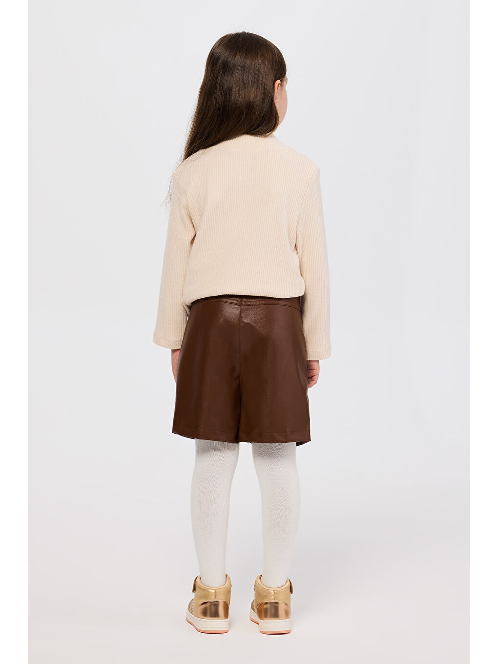 Kahverengi Kız Çocuk Deri Camel Şort-5