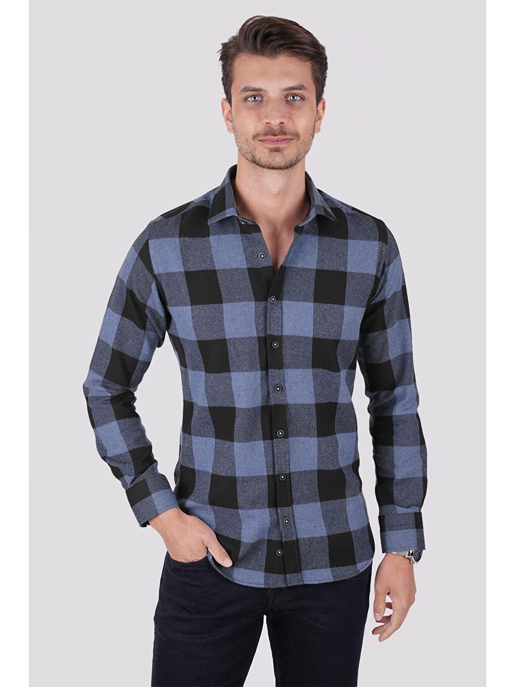 Mavi Siyah Dama Desenli Slimfit %100 Pamuk Erkek Oduncu Gömlek-1