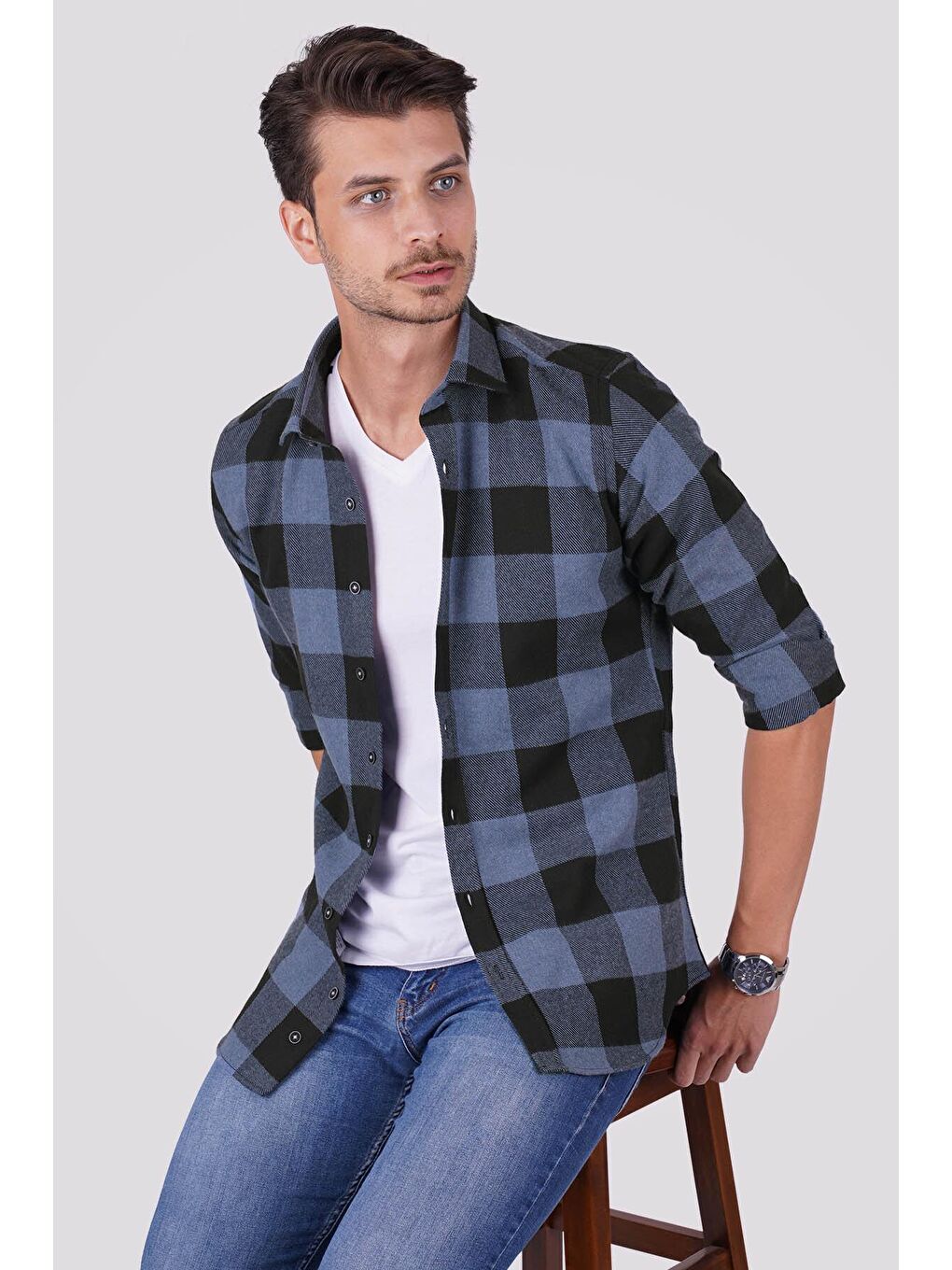 Mavi Siyah Dama Desenli Slimfit %100 Pamuk Erkek Oduncu Gömlek-2