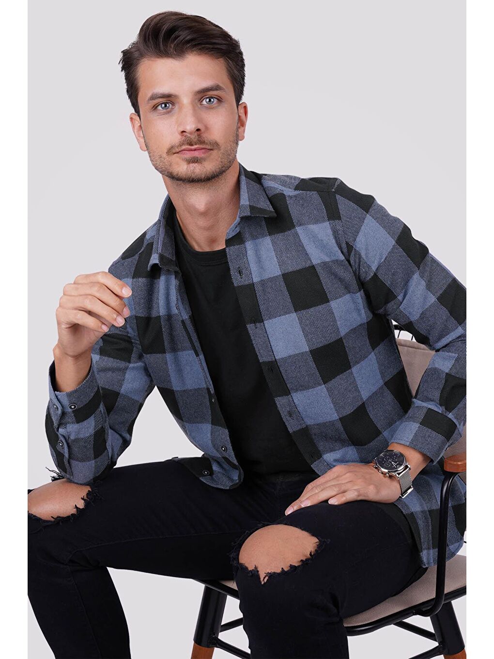 Mavi Siyah Dama Desenli Slimfit %100 Pamuk Erkek Oduncu Gömlek-4