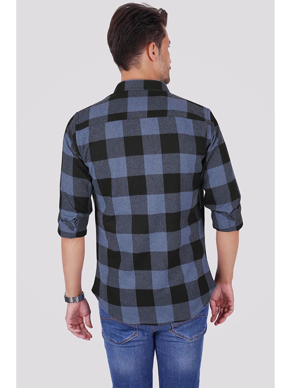 Mavi Siyah Dama Desenli Slimfit %100 Pamuk Erkek Oduncu Gömlek-5