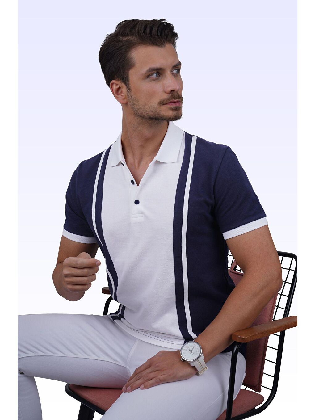 Lacivert Beyaz Çift Renkli Erkek Polo Yaka %100 Pamuk Tişört-2