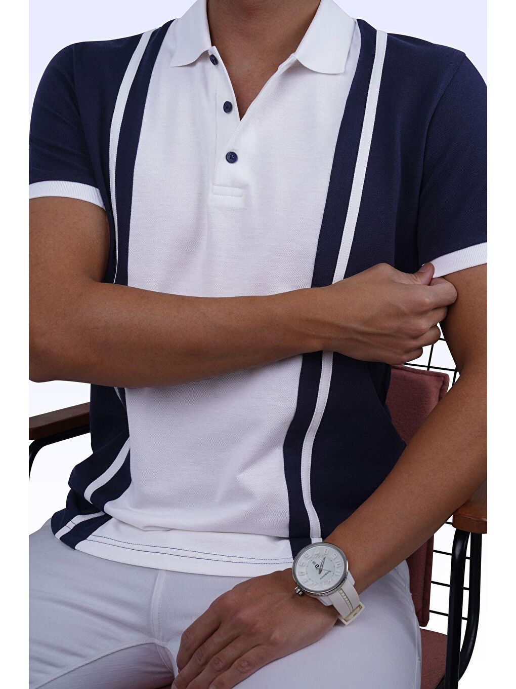 Lacivert Beyaz Çift Renkli Erkek Polo Yaka %100 Pamuk Tişört-1