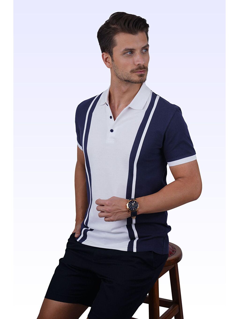 Lacivert Beyaz Çift Renkli Erkek Polo Yaka %100 Pamuk Tişört-4