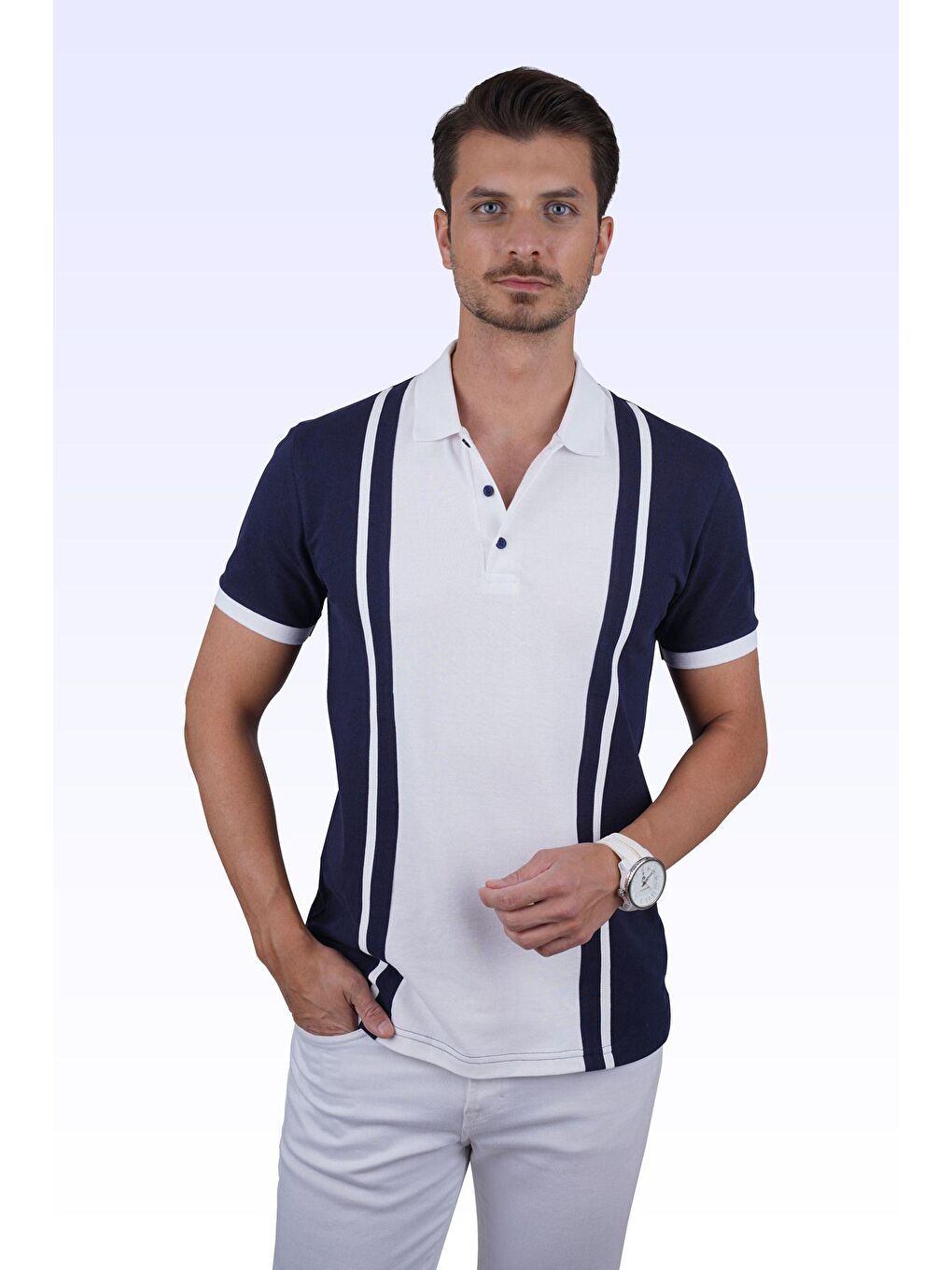 Lacivert Beyaz Çift Renkli Erkek Polo Yaka %100 Pamuk Tişört-5