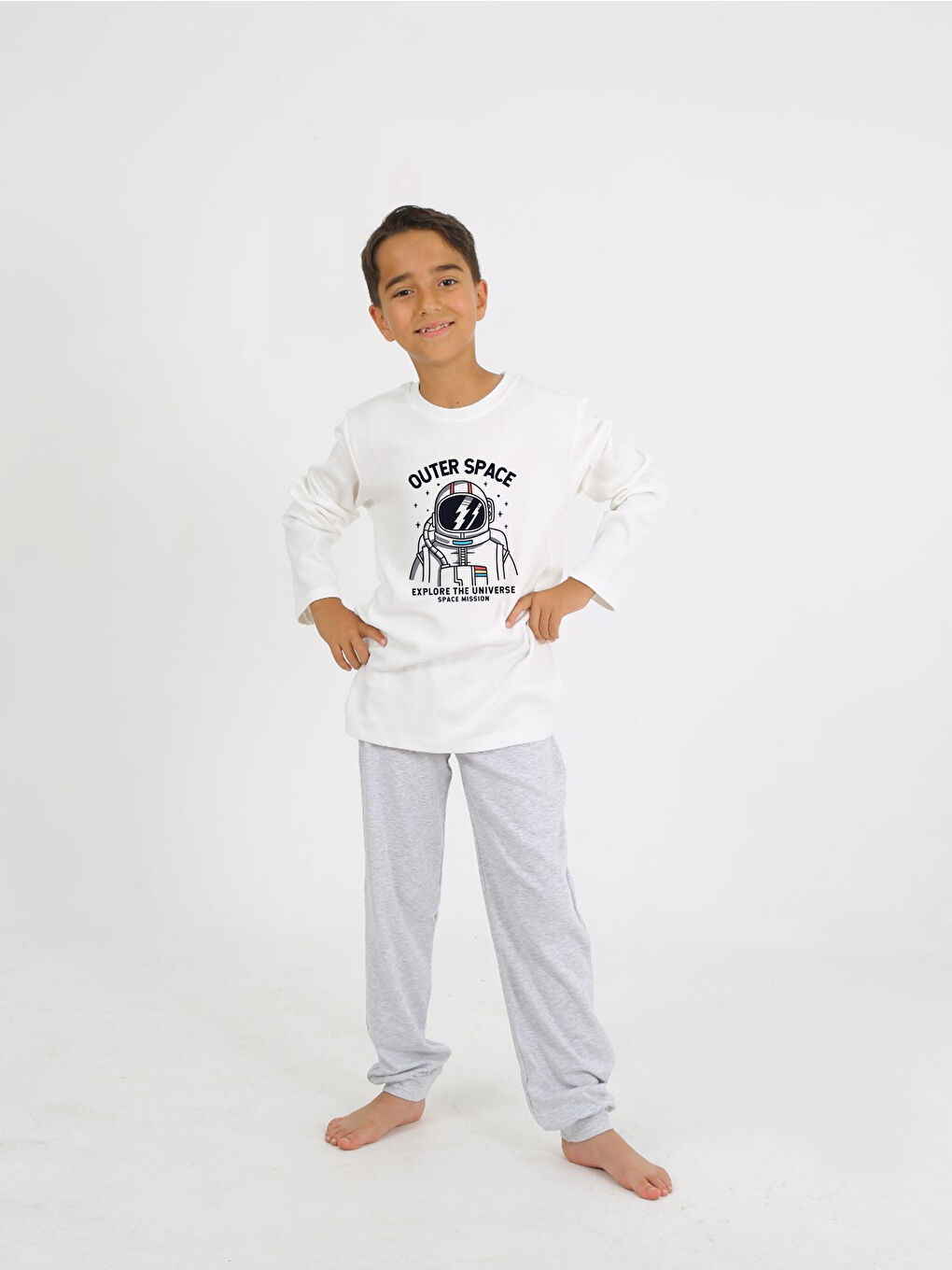 Gri Bisiklet Yaka Uzun Kollu Erkek Çocuk Pijama Takımı