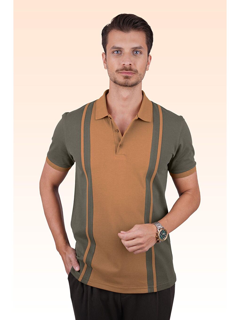 Haki Taba Çift Renkli Erkek Polo Yaka Tişört-1