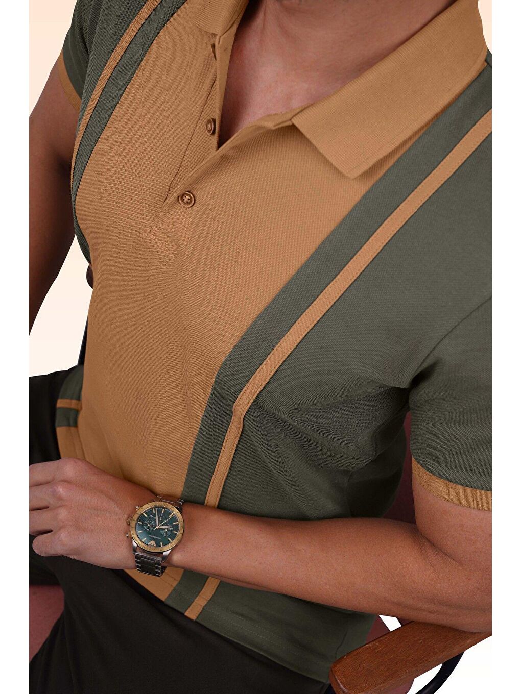 Haki Taba Çift Renkli Erkek Polo Yaka Tişört