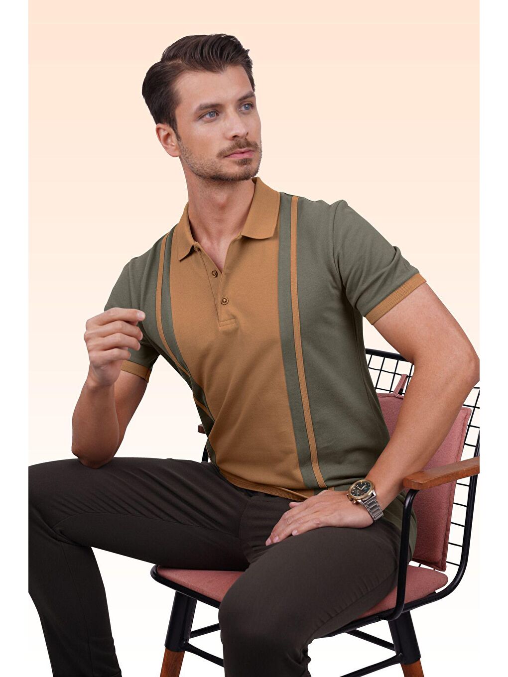 Haki Taba Çift Renkli Erkek Polo Yaka Tişört-2