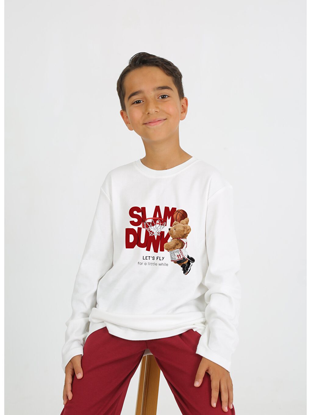 Ekru Bisiklet Yaka Uzun Kollu Erkek Çocuk Pijama Takımı