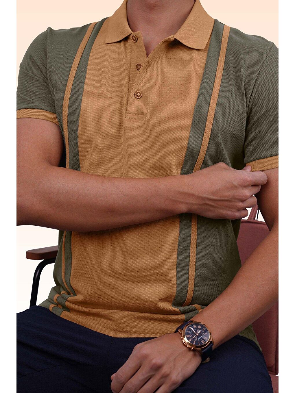 Haki Taba Çift Renkli Erkek Polo Yaka Tişört-4