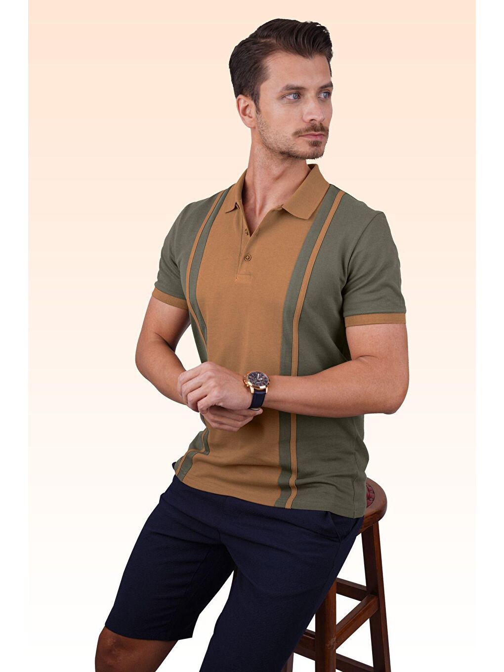 Haki Taba Çift Renkli Erkek Polo Yaka Tişört-5