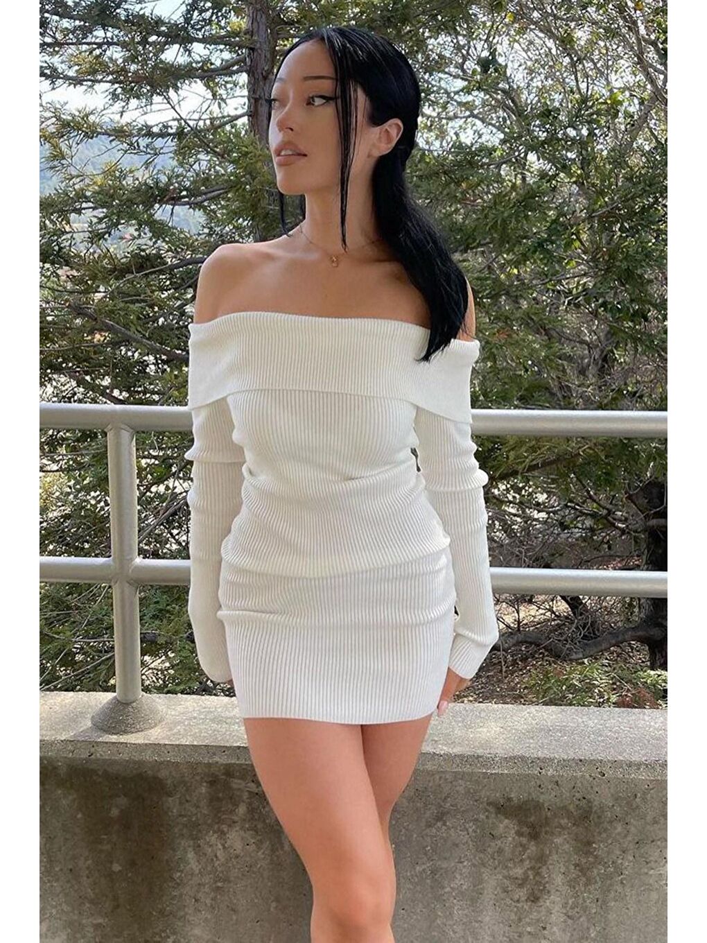 Beyaz Madonna Yaka Uzun Kollu Mini Elbise Mg1699-3