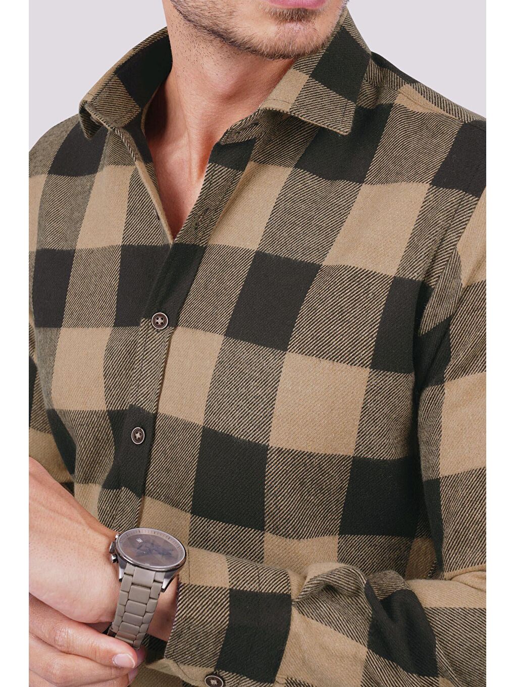 Kahverengi Kahve Siyah Dama Desenli Slimfit Oduncu Erkek Gömlek