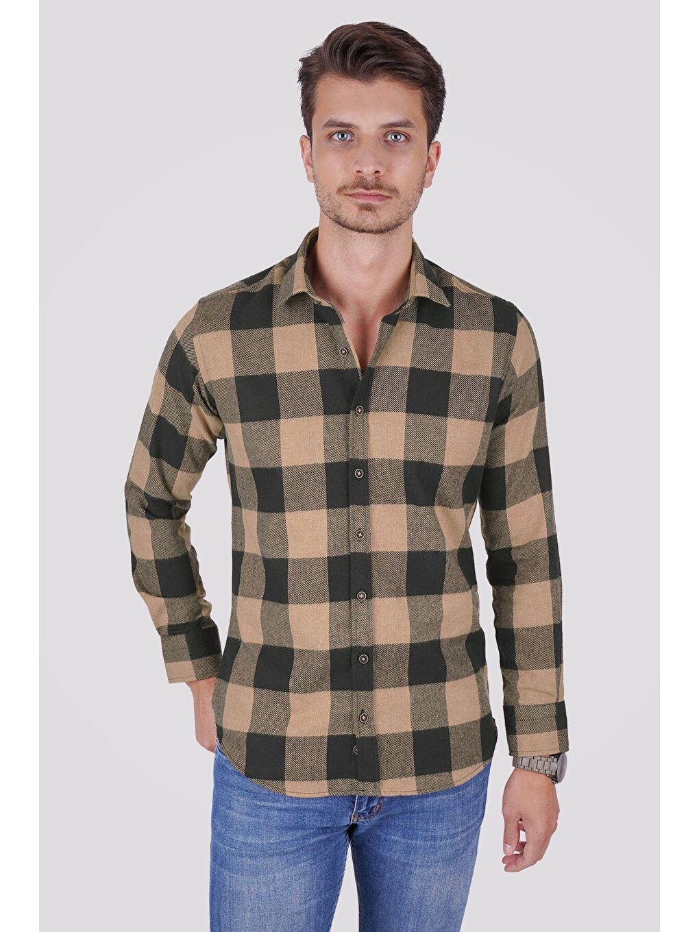 Kahverengi Kahve Siyah Dama Desenli Slimfit Oduncu Erkek Gömlek-1