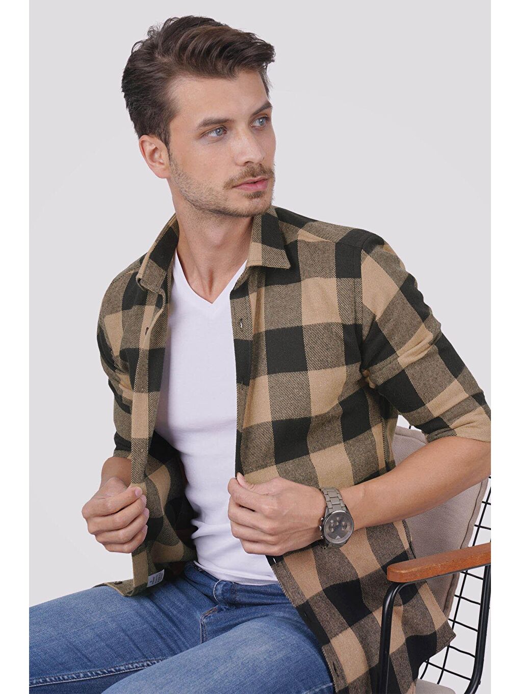 Kahverengi Kahve Siyah Dama Desenli Slimfit Oduncu Erkek Gömlek-4