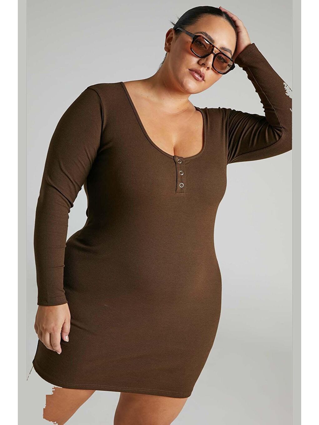 Kahverengi Uzun Kollu Basic Mini Kadın Elbise Mg1700-2